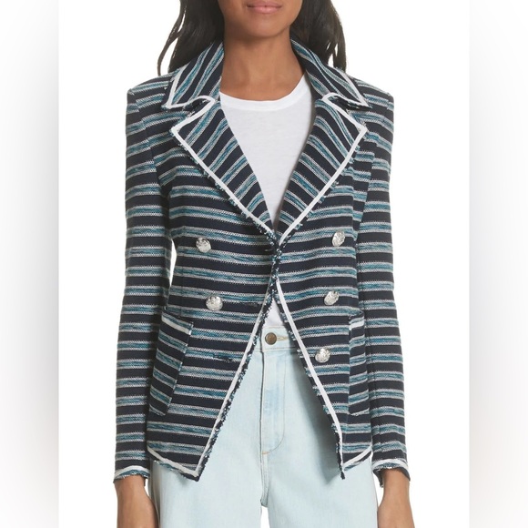 Veronica Beard Carroll Tweed Double Breasted Blazer Dickey Jacket Navy Turquoise